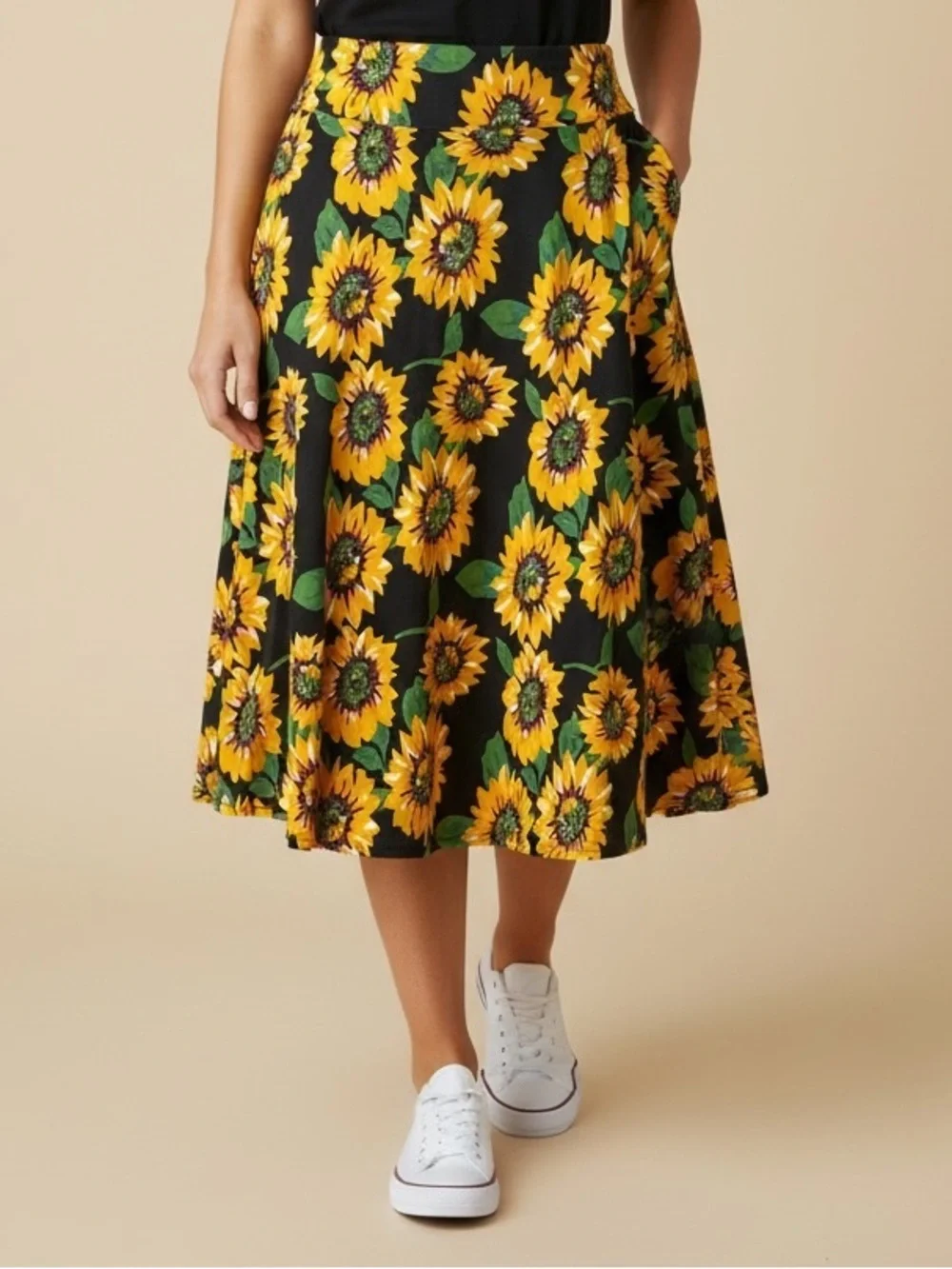 Fancyqube Sunflower Floral A-Line Midi Skirt High Waist Cottagecore Prairie